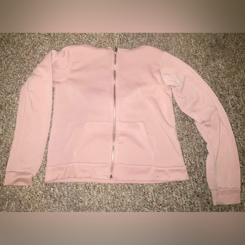 pink, zip up, barley worn, hood, and stings still attached